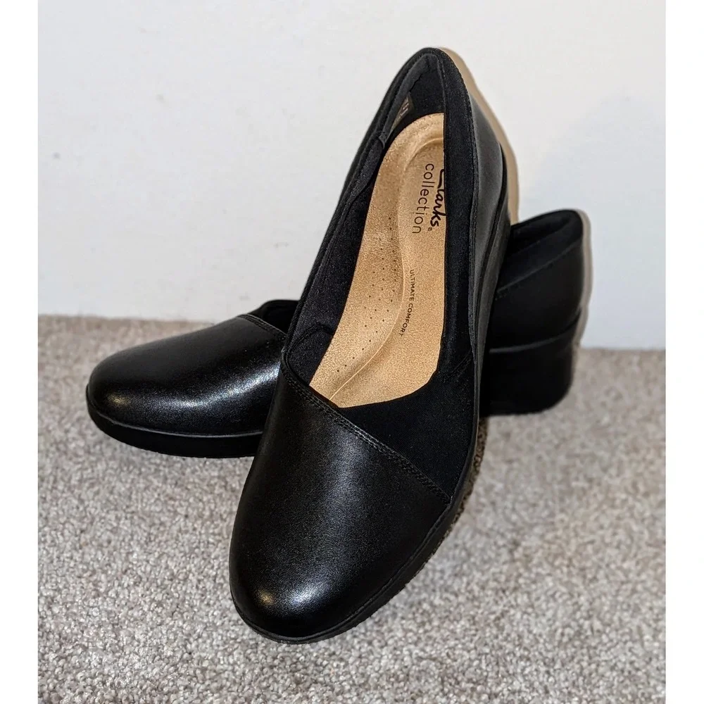 Clarks Collection Black Wedge Slip On Shoes Comfort Womens Size 10‎ NEW $75